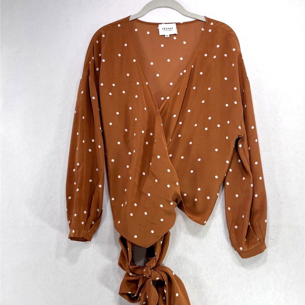 Sezane Blouse Women 42/US 10 Anya Orchard 100% Silk Polka Dot Wrap Tie Romantic